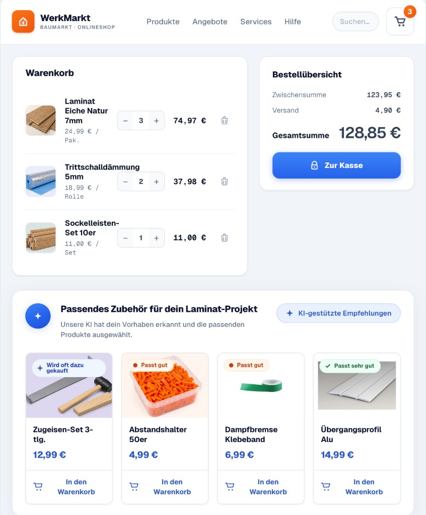Ansicht KI-Produktempfehlungen im Onlineshop mit passendem Zubehör